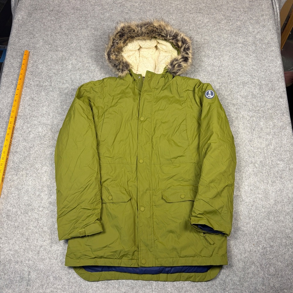 Lands End Boys XXL 18-20 Parka Green Sherpa Hood Faux Fur Trim Winter Coat